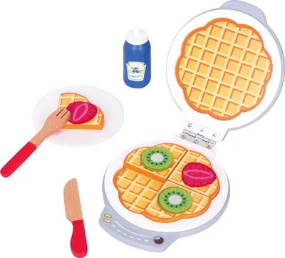 Produktbild von Lelin 40219 Holz - Waffeleisen mit Metallscharnier und Zubehör wie Holzflasche, Teller, Besteck ... 13 teilig