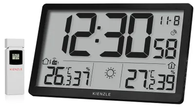 Immagine prodotto di Orologio da parete Kienzle Jumbo NEO LCD, nero, con display XXL e sensore esterno per la misurazione delle condizioni atmosferiche