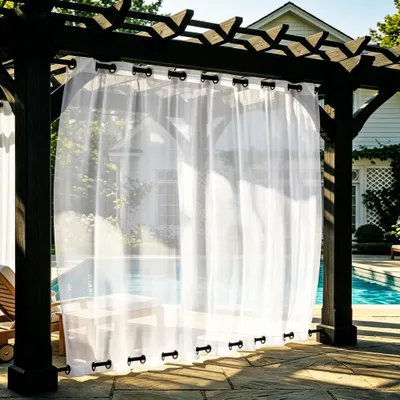Produktbild von 1x Vorhang Outdoor Weiß Wasserdicht Winddicht mit Ösen Oben und Unten Voile Gardine Transparent Wetterfest Pavillonvorhang Terrasse Balkon 254x243cm