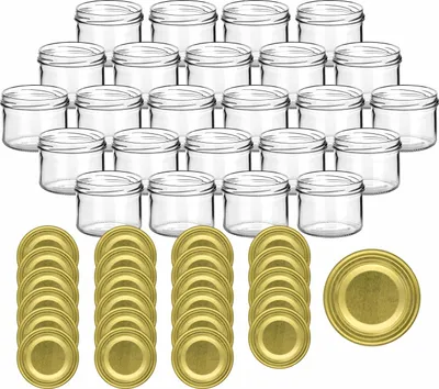 Produktbild von gouveo 24er Set Einmachgläser 230 ml rund mit Schraub-Deckel goldfarben - Vorratsgläser mit Drehverschluss TO82 - Marmeladenglas, Schraubglas