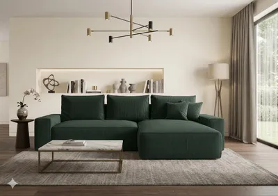 Image de Canapé d’angle CALIFORNIA droit vert velours côtelé Poso 14 - fonction couchage, coffre de rangement pour la literie