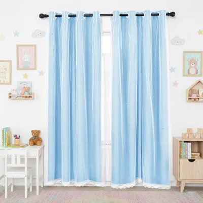 Produktbild von 2 Stück Vorhang Blickdicht Gardinen Stern Doppelschicht Ösenvorhänge mit Voile für Schlafzimmer Wohnzimmer Kinderzimmer, Blau, B130xH215cm
