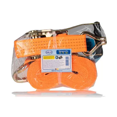 Zdjęcie produktu dla alca® Pas mocujący 4 t, 8 m, 50 mm 4000 daN pomarańczowy regulowany za pomocą zapadki + 2 stalowe haki, napinacz zapadkowy, pas napinający, zgodnie z normą DIN EN 12195-2