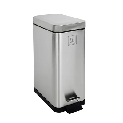 A silver pedal trash can with a black base and pedal, shown against a white background.