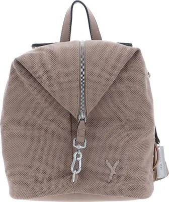 A studio shot of a beige backpack against a white background.