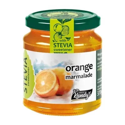 Kandylas Orangenmarmelade mit Stevia 370 g Glas auf Weiß