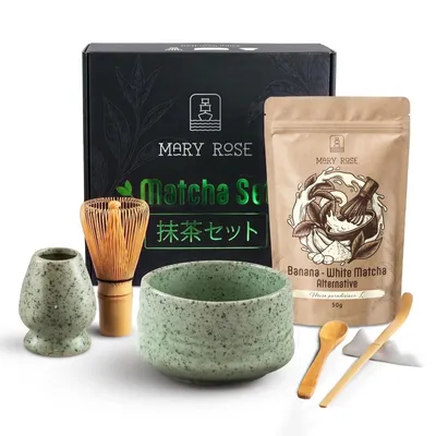 Produktbild von Mary Rose - Geschenkset White Matcha Banane Pulver 50g - 100% Frucht - Grüne Keramik Matchawan Schale Rokku 500ml - Mit Bambus Chasen Besen
