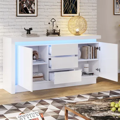 Obrázek produktu pro okwish Vysoký lesklý Kuchyňská skříň Přístavný stůl s nastavitelnými policemi, Komoda se 2 skříňkami a 3 zásuvkami, Skříň s LED osvětlením, Bílá