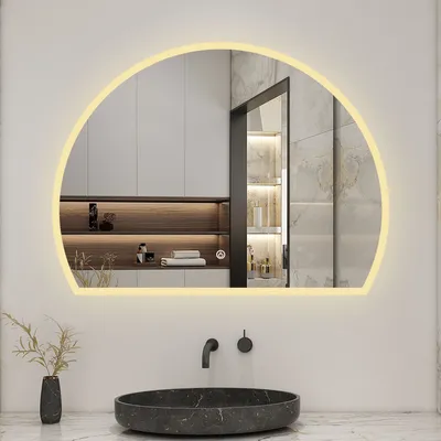 Produktbild von LED Badezimmer Spiegel mit Beleuchtung 80x60cm Dreiviertelkreis Badspiegel mit Beschlagfrei 3 Lichtfarbe Dimmbar Speicherfunktion CE IP44