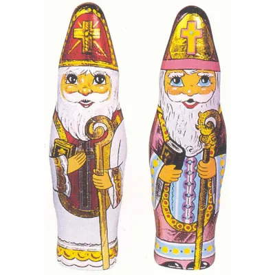 Two chocolate figures dressed as bishops.