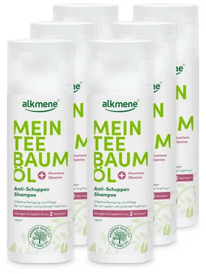 Produktbild von alkmene Mein Teebaumöl Anti Schuppen Shampoo 6x 200 ml weniger Schuppen in 2 Wochen, vegan, , gegen Schuppen