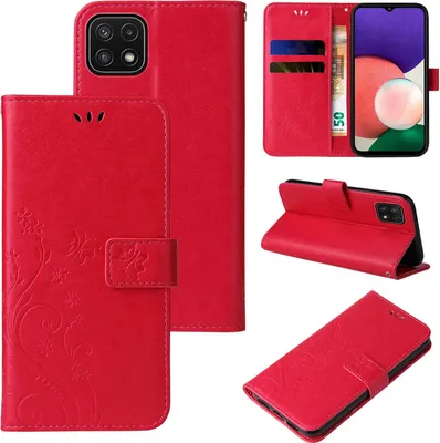 Produktbild von Handyhülle für Samsung Galaxy A22 5G Floral Blumen Schmetterling Flip Cover Hülle Case Klapphülle Handytasche Farbe: Rot