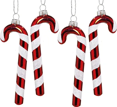 Produktbild von 4 Zuckerstangen weiß / rot glänzend 12 cm Glas Christbaumschmuck Weihnachten