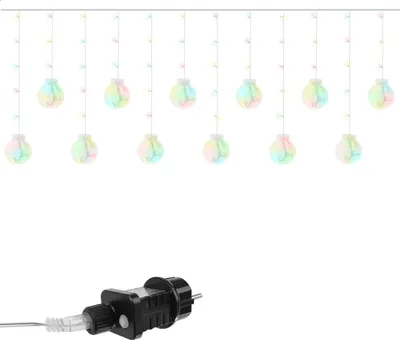 A string of multicolored LED lights with spherical bulbs hanging down, and a power adapter in the foreground.
