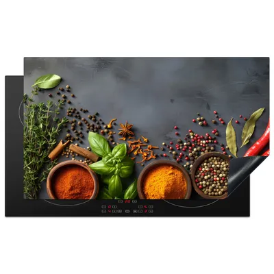 Produktbild von KitchenYeah© Herdabdeckplatte Kräuter - Beton - Gewürze , 91x52cm, Küche Deko, Glaskeramikkochfeld Herdabdeckung, Abdeckplatte fùr Kochfeld