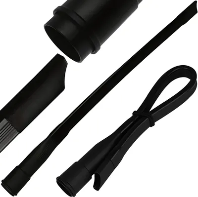 A collage of black vacuum cleaner attachments on a white background.