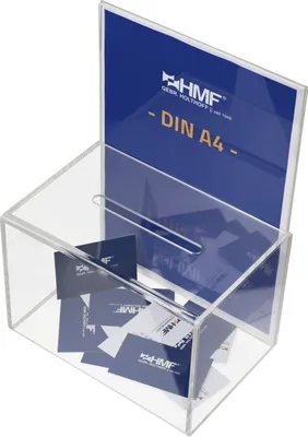 A clear acrylic donation box filled with business cards, with a blue informational insert at the back.