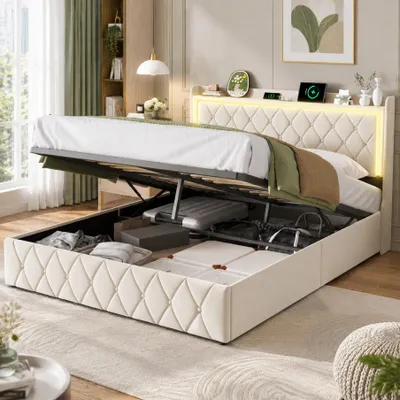 Image de INONEFT, lit capitonné 160 x 200 cm, lit à plateforme relevable avec LED et espace de rangement, lit double avec sommier à lattes, lit multifonction avec port USB, lit pour adolescents, revêtement en velours, couleur beige