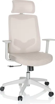 A white office chair with a mesh back and fabric seat, shown from the front on a white background.