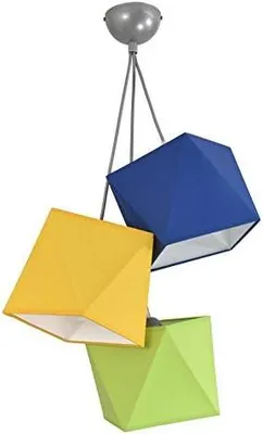 Produktbild von Kinder-Deckenleuchte „Diamant“ – 3-flammig, mit Kabeln, 3 E27-Fassungen, diamantförmige Schirme (Grün-Gelb-Blau), Graue Basis, moderne (N149-H3-GGB)