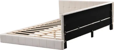 Image de OKWISH Lit Double 140 x 200 cm - Lit Canapé Avec Sommier À Lattes, Tissu Velours Doux Pour La Peau, Sans Matelas, Contreplaqué MDF, Beige