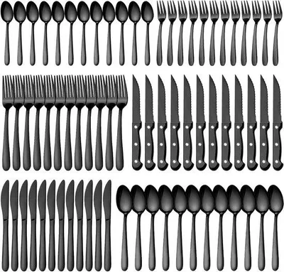 Produktbild von Besteckset, 72-teilig – Essbesteck-Set für den gedeckten Tisch – Ideal für Abendessen und Festlichkeiten – Inklusive Steakmessern – Für 12 Personen – Farbe: Matt Schwarz