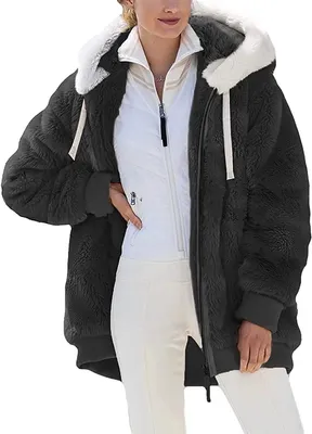 Produktbild von ASKSA Damen Fleecejacke Strickjacke Einfarbig Reißverschluss Kunstpelzjacke mit kapuze, B-Schwarz, M