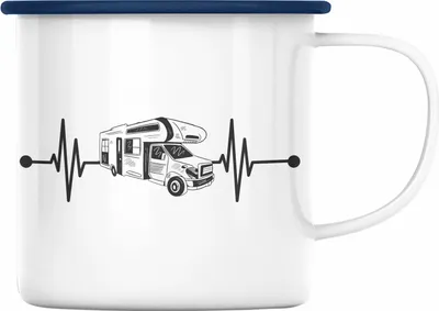 Produktbild von Trendation - Herzschlag Wohnwagen Wohnmobil Emaille Tasse Geschenk Camper Wohnmobilfahrer Geschenkidee Lustig (Blau)