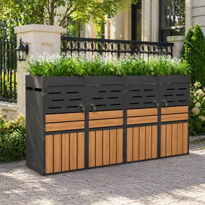 Productafbeelding van Afvalcontainerbox - 264 x 80 x 128 cm, grijs, verzinkt staal, geschikt voor 4 afvalcontainers, met plantenbak, afsluitbaar, geventileerd, AI-gegenereerde afbeelding