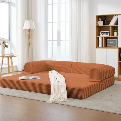 Produktbild von LVHOM 2-Sitzer Schlafsofa aus Cordstoff, 2-in-1 Klappsofa, Sofabett, faltbares Bodensofa mit Schlaffunktion, Gästebett 190×156 cm, bis 250 kg, Orange