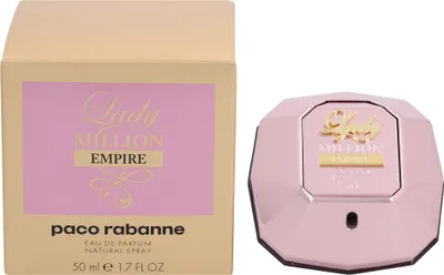 A box of Paco Rabanne Lady Million Empire Eau de Parfum for women and the perfume bottle.