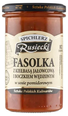 Zdjęcie produktu dla Fasolka z kiełbasą jałowcową i boczkiem wędz. w sosie pomidor 470g Rusiecki