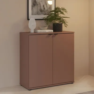 Produktbild von Forte GANYMEDE Kommode 80, minimalistische Kommode, 2-türig, Holzwerkstoff, Wohn-/Schlafzimmer, Terrakotta, 80,1 cm breit x 82,3 cm hoch x 34,1 cm tief
