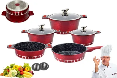 Produktbild von Rotes 10-teiliges Topfset, Bratpfanne, mit Deckel, Induktionskochgeschirr