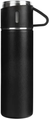 Produktbild von Isolierter Metallwasserflasche mit Becher, Reisebecher mit Griff, Thermosbecher aus Edelstahl für heiße und kalte Getränke, 500 ml, schwarz