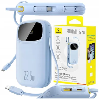 Immagine prodotto di Power bank Baseus EnerFill FC31 con display digitale, 20.000 mAh, 22,5 W, cavo USB-C e Lightning integrato, blu