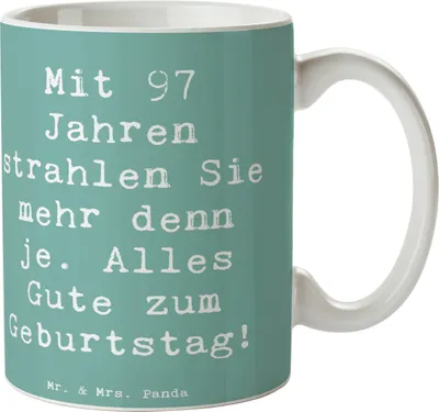 Produktbild von Mr. & Mrs. Panda Kaffeebecher Spruch 97. Geburtstag Strahlen - Meeresbrise - Geschenk, Kaffeetasse, Alter, Happy Birthday, Wertschätzung, Teetasse, Dankbarkeit, Tasse