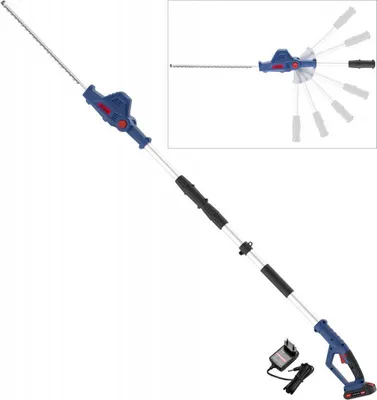 A long pole hedge trimmer with a battery and charger, shown against a white background. An inset image shows the adjustable head of the trimmer.