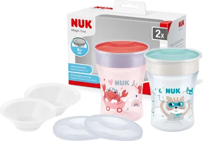 Produktbild von NUK Magic Cup 2er Set – Krabbe & Katze, 230ml + 2 Ersatzdeckel & 2 Trinktüllen – -frei, auslaufsicherer Trinklernbecher ab 8 Monate