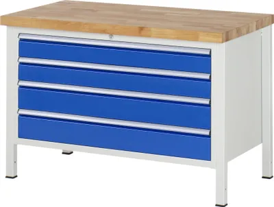 Produktbild von Werkbank mit 4 XXL Schubladen - Teilauszug - 120:2 / 150:2 - 840 x 1.250 x 700 mm (HxBxT) - Traglast 1.250 kg - Buche