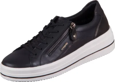 A black Remonte women's sneaker with a white platform sole, shown from a side angle against a white background.