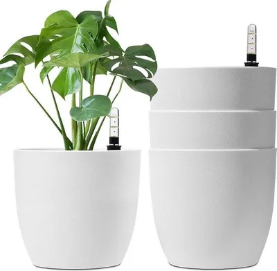 Image de Pot de fleurs auto-arrosant 22 cm - blanc - Set de 4 avec indicateur d'eau - Réservoir d'eau Pot de plantes pour l'intérieur et l'extérieur