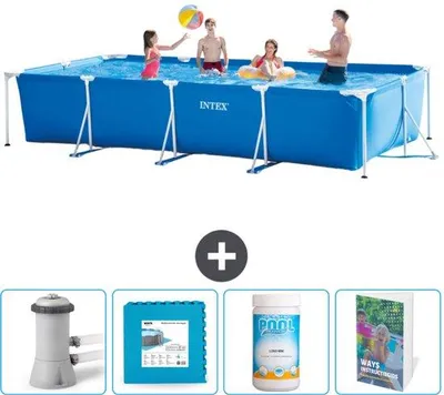 Obrázek produktu pro Obdélníkový bazén Intex s rámem – 450 x 220 x 84 cm – modrý – včetně filtračního čerpadla – podlahová dlažba – bazén
