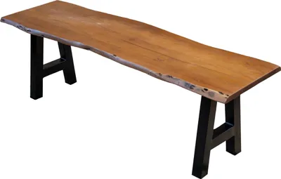 Produktbild von Esszimmerbank 160x42 cm Quintus, Akazienholz massiv & nussbaumfarben, echte Baumkante, Baumkantenbank mit A-Gestell Schwarz, Sitzbank mit 26 mm Platte
