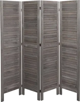 A four-panel folding screen or room divider made of slatted wood.