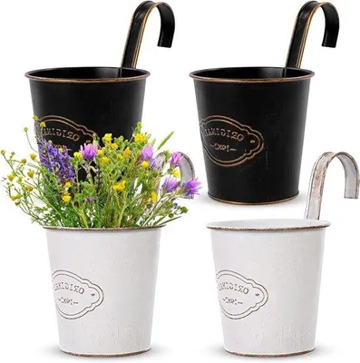 Image de Pots de fleurs suspendus - lot de 4 | Pots suspendus en métal vintage avec crochets pour balcon, clôture ou mur