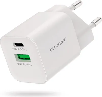 Produktbild von Blumax 30W 2-Port USB-C & USB-A Schnellladegerät kompatibel mit für iPhone  & Samsung