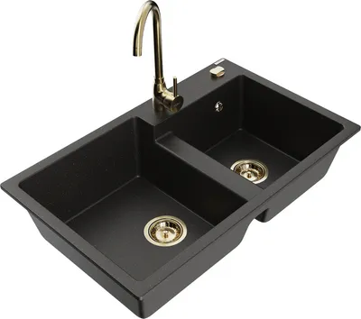 Produktbild von Mexen Tomas 2-Becken-Granitspüle mit Mischbatterie Telma, Schwarz/Gold metallisch - 6516-75-670200-50
