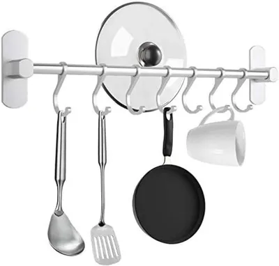 Produktbild von PolkaHome® Aluminium-Küchenschiene mit 7 Schiebehaken, bohrfrei, 40 cm, Silber