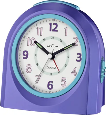 A close-up studio shot of a purple and blue analog alarm clock.